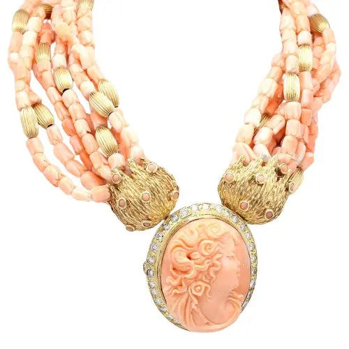Coral and Diamond Pendant-Brooch with Carved Coral Bead Necklace