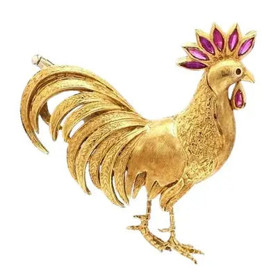 18k Yellow Gold Pink Sapphire Rooster Pin