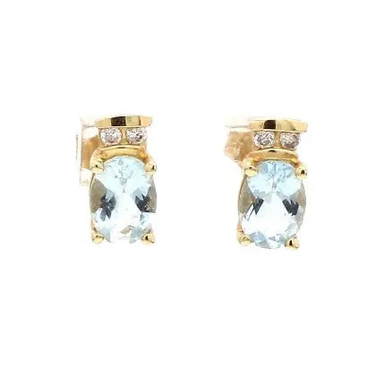 14K Yellow Gold Earrings with Oval Aquamarine & Round Brilliant Diamonds