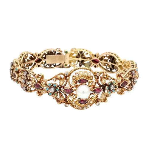 14K Yellow Gold Bracelet with Pearl, Diamond, Garnet, and Turquoise Stones