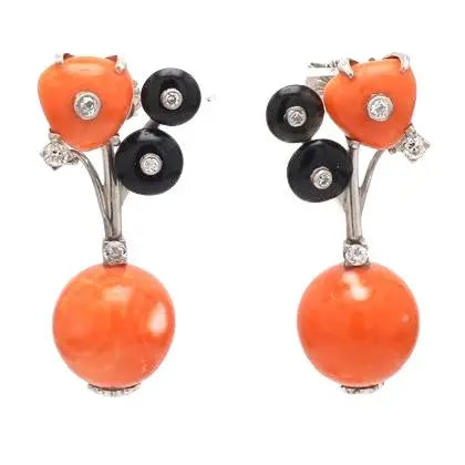 Coral Bead Earrings with Onyx and Diamond Accents