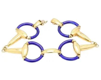 18k Yellow Gold Blue Enamel Stirrup Link Bracelet