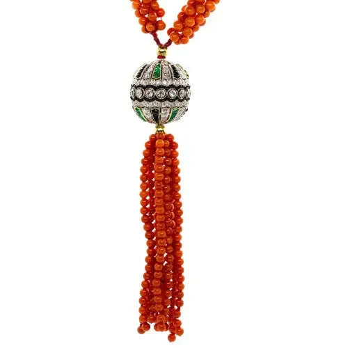 Coral Bead Necklace with Diamond, Emerald & Onyx Accents