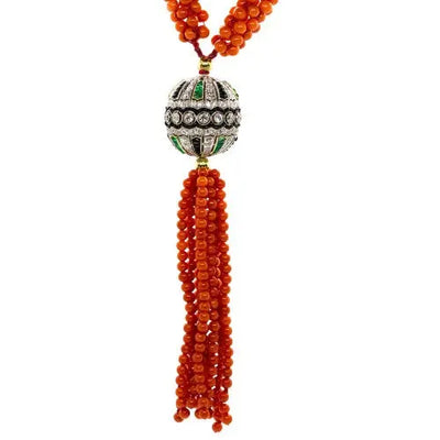 Coral Bead Necklace with Diamond, Emerald & Onyx Accents