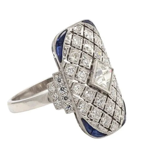 French and Old Mine Cut Diamond Ring with Sapphire Accents