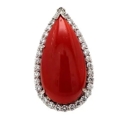 Pear-Shaped Coral Ring with Round Brilliant Diamond Accents