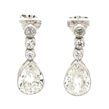 Platinum Earrings with Pear-Shaped and Old Mine Cut Diamonds