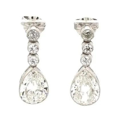 Platinum Earrings with Pear-Shaped and Old Mine Cut Diamonds