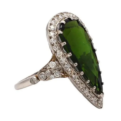 Pear-Shaped Green Tourmaline Ring with Round Diamond Accents