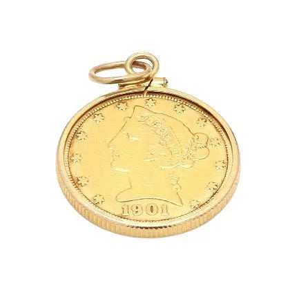 1901 US LIBERTY HEAD/EAGLE $5 COIN, BEZEL SET