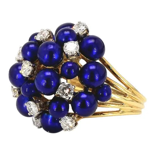 Round Brilliant Diamond Ring with Blue Enamel in 18K Yellow Gold