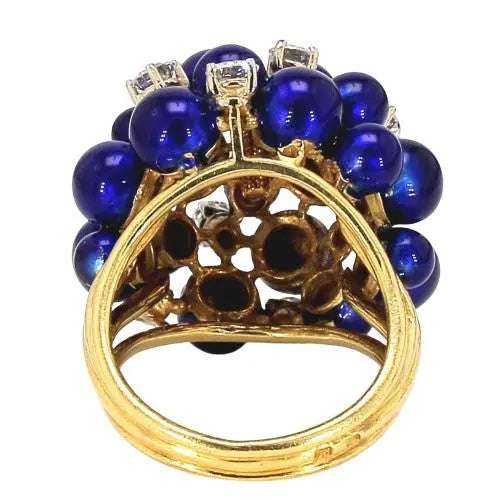 Round Brilliant Diamond Ring with Blue Enamel in 18K Yellow Gold
