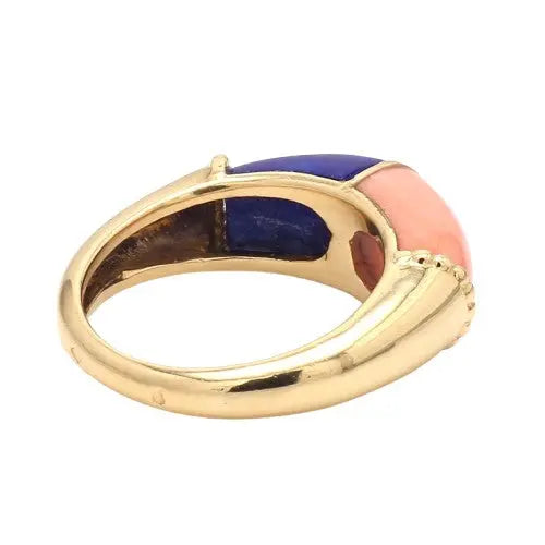 18K White Gold Coral and Lapis Ring Size 6