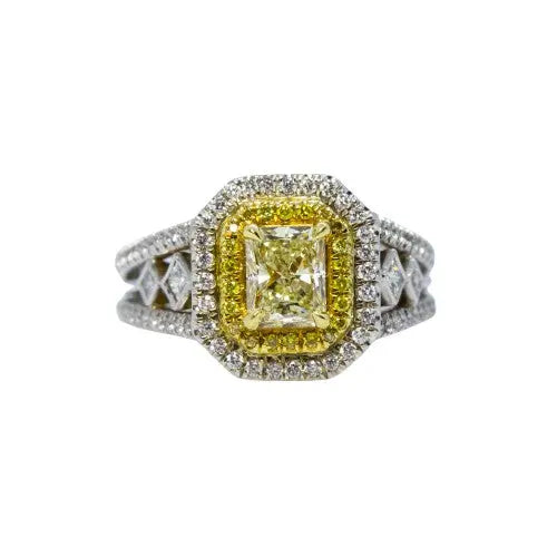 Fancy Light Yellow Radiant & Round Diamond Ring