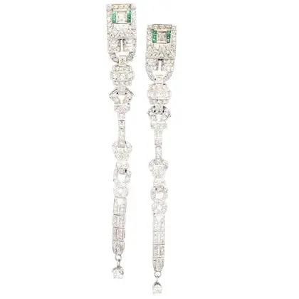 Platinum Earrings with Marquise, Old European Cut Diamonds and Emeralds
