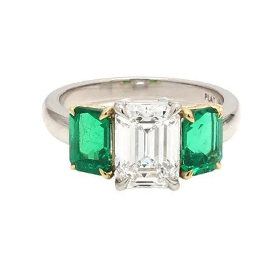 3.41 CT GIA Emerald Cut Diamond Ring with Minor Colombian Emeralds