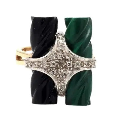 14K Yellow Gold Ring with Onyx, Malachite, and Diamonds