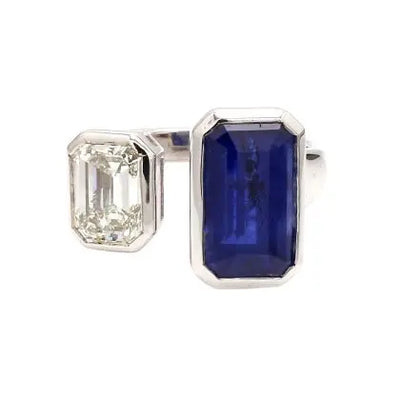 Bezel-Set Emerald Cut Diamond and Sapphire Ring