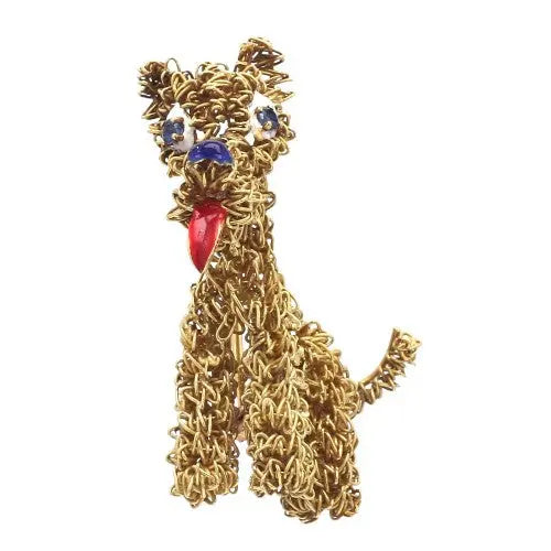 Estate 18K Yellow Gold & Enamel Dog Brooch
