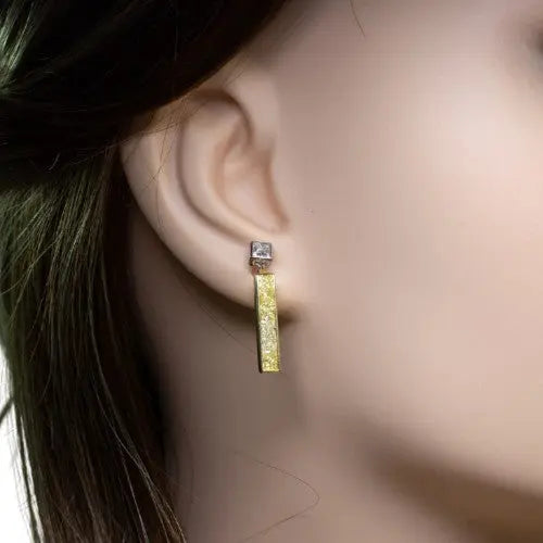 Fancy Yellow and White Diamond Princess Cut Gold Earrings
