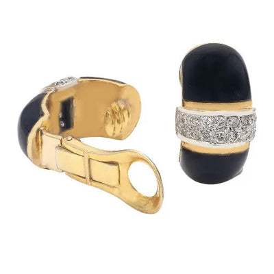 Yellow Gold Non-Pierced Earrings with Round Brilliant Diamonds & Onyx