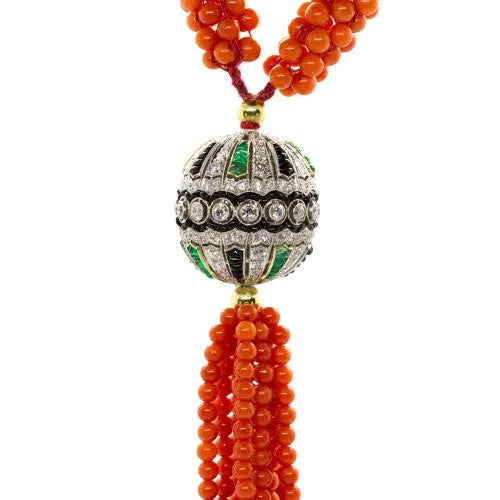 Coral Bead Necklace with Diamond, Emerald & Onyx Accents