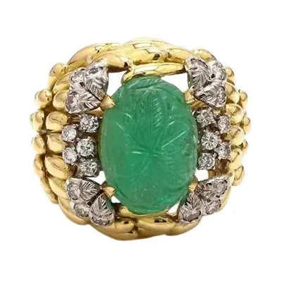 David Webb Carved Emerald Ring with Diamonds