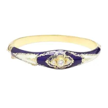 14k Yellow Gold Blue & White Enamel Bracelet with Diamonds