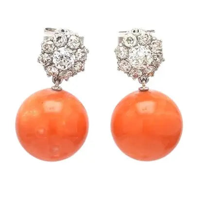 Coral Earrings with Old European Cut Diamond Accents