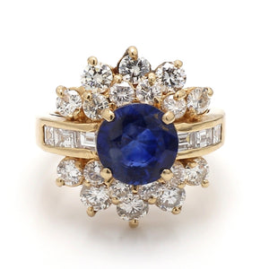 Blue Sapphire Ring with Round and Baguette Diamond Accents