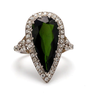 Pear-Shaped Green Tourmaline Ring with Round Diamond Accents