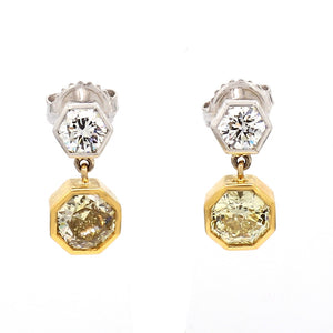 Fancy Yellow Octagon & White Diamond Two-Tone Dangle Earrings