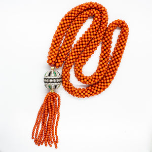 Coral Bead Necklace with Diamond, Emerald & Onyx Accents