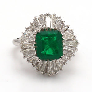 Emerald-Cut Emerald Ballerina Platinum Ring with Baguette Diamond Accents