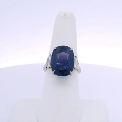 12.92CTW CUSHION SAPPHIRE & 0.66 BAGUETTE CUT DIAMOND RING