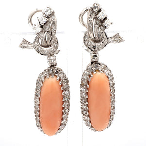 Oval Cabochon Coral and Diamond Earrings