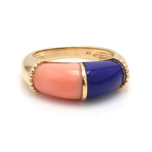 18K White Gold Coral and Lapis Ring Size 6