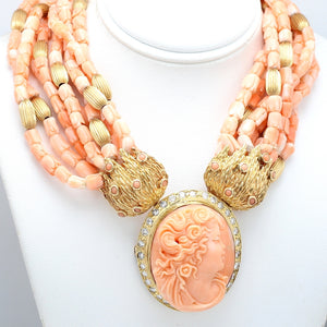 Coral and Diamond Pendant-Brooch with Carved Coral Bead Necklace