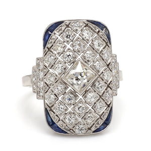 French and Old Mine Cut Diamond Ring with Sapphire Accents
