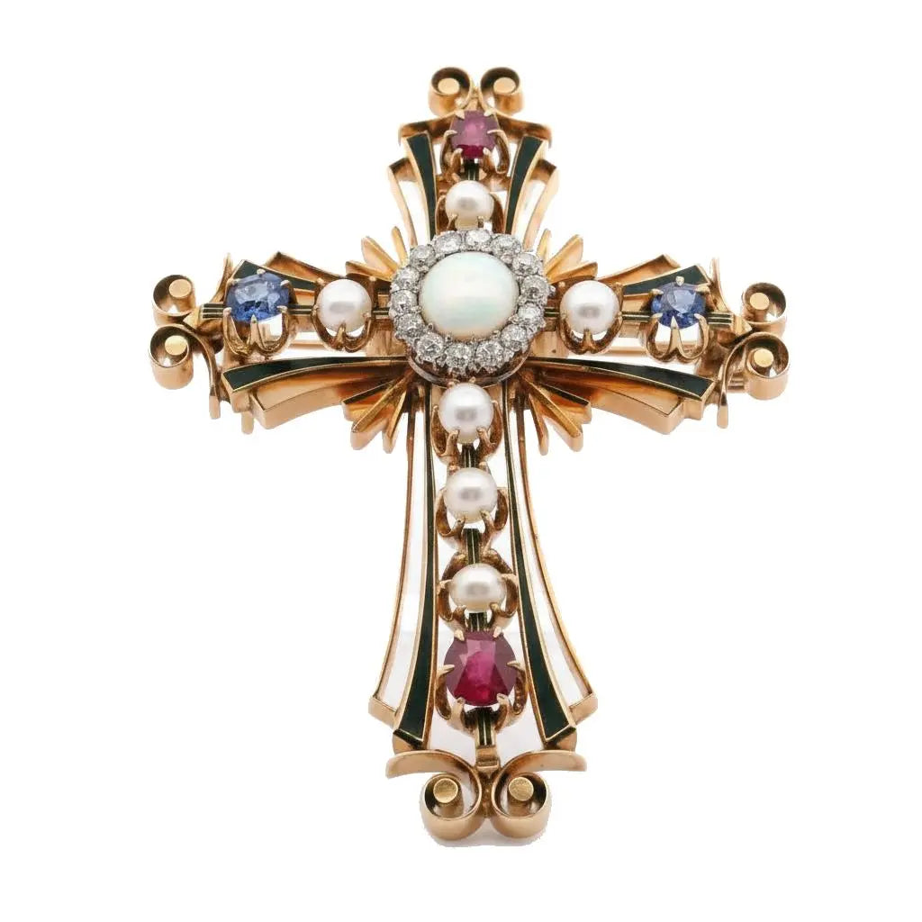 Pearl Diamond Ruby Sapphire Victorian Cross