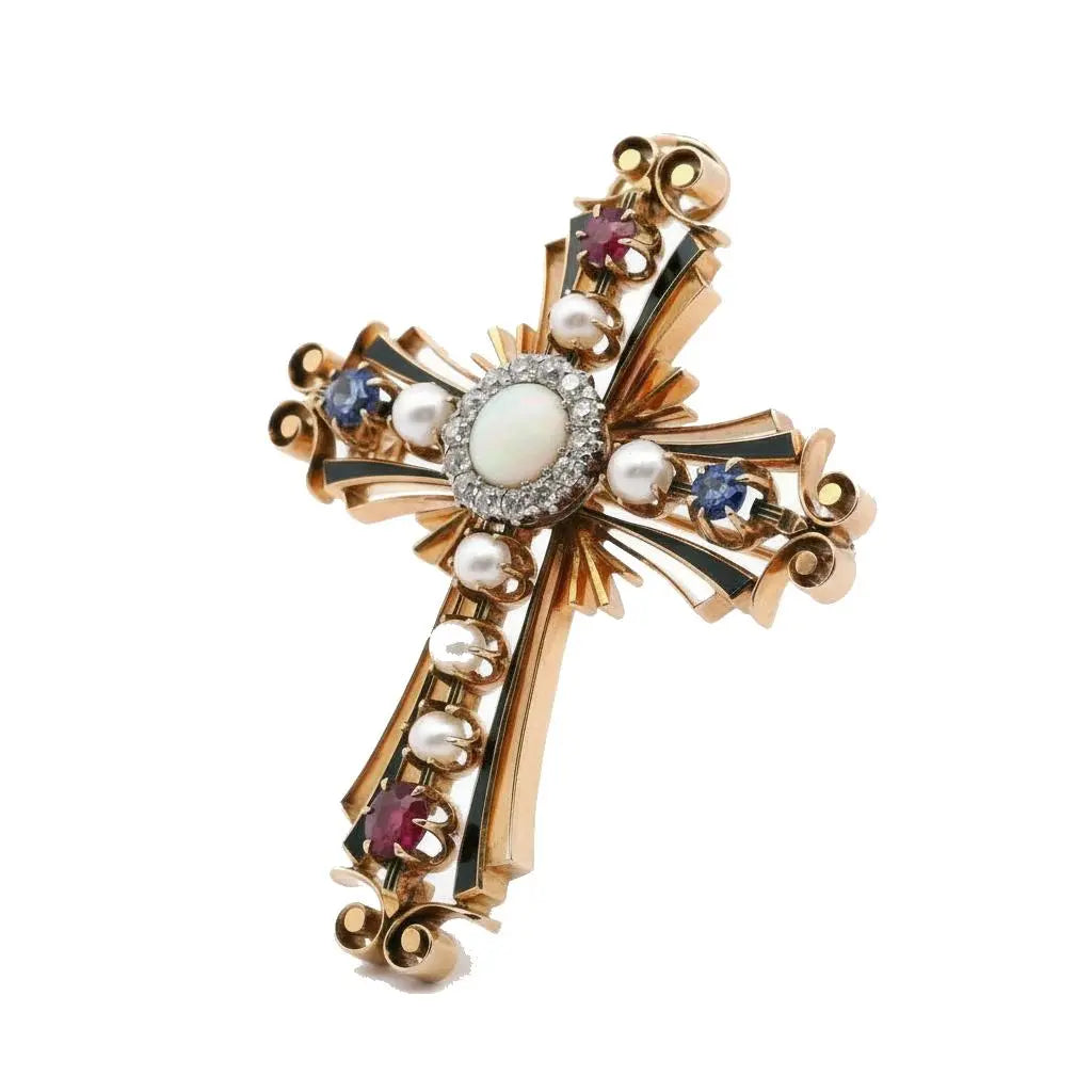 Pearl Diamond Ruby Sapphire Victorian Cross