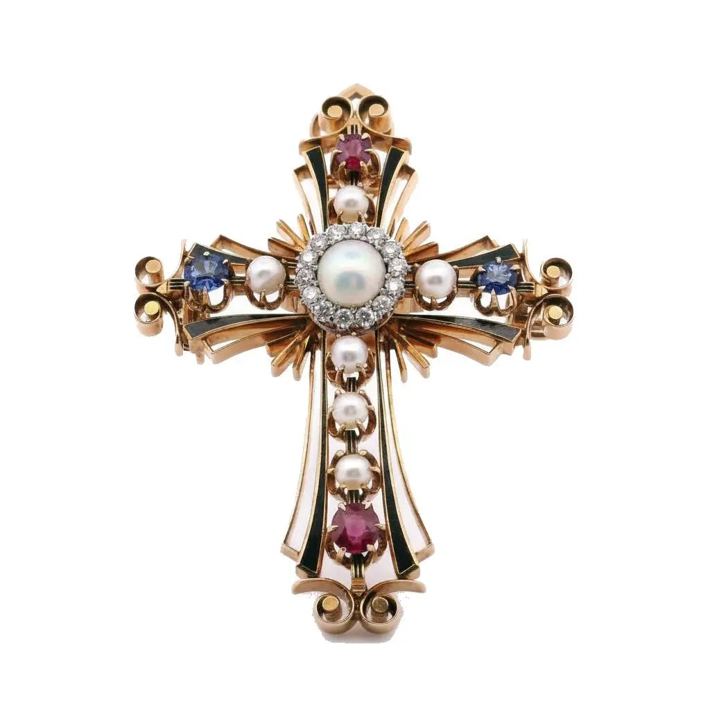 Pearl Diamond Ruby Sapphire Victorian Cross