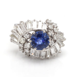 Round Sapphire Ring with Baguette and Brilliant Diamonds