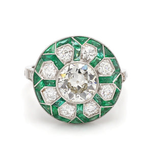 European Cut Diamond and French Cut Emerald Ring