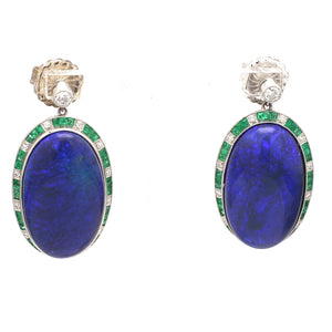 Lightning Ridge Black Opal Earrings with Diamonds and Emeralds