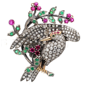 Bird Brooch with Old European Cut Diamonds, Rubies, and Emeralds