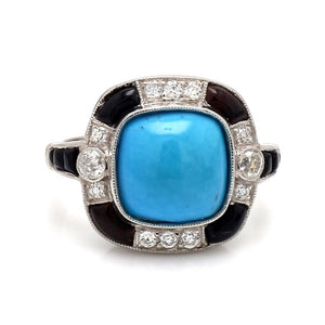 Turquoise and Onyx Ring with Old Mine Cut Diamonds