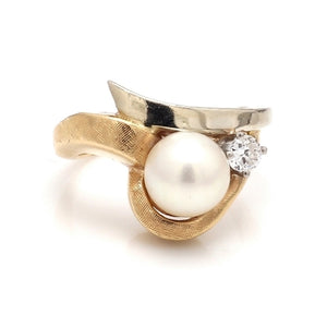 14K Yellow and White Gold Pearl and Diamond Ring Size 4.75