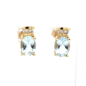 14K Yellow Gold Earrings with Oval Aquamarine & Round Brilliant Diamonds