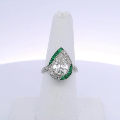 2.80CT ANTIQUE PEAR SHAPED DIAMOND & 1.40CTW EMERALD RING